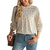 Falechay Womens Tops Cute Floral Print Blouses For Women Dressy Casual 3/4 Length Sleeve Pleated Crewneck Hollow Shirts 2024