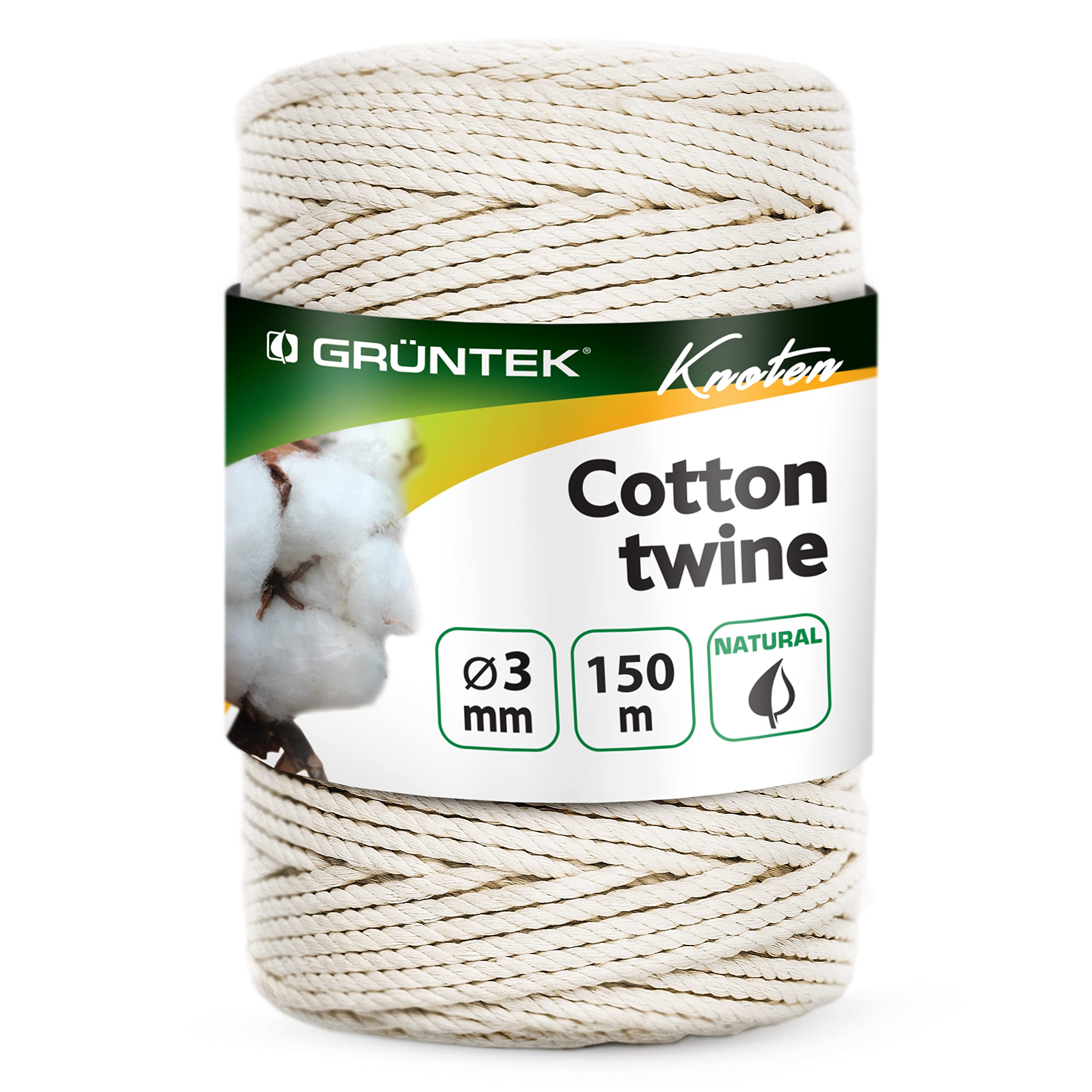 GRÜNTEK 3mm x 150m Macramé Cord – 100% Natural Cotton | 3-Strand Twisted Rope for Crafts, Knitting, Home Decor & Gift Wrapping in Elegant Beige