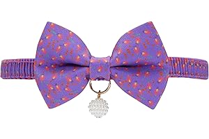 Blueberry Pet Purple Tulip Floral Breakaway Bowtie Cat Collar Choker Necklace with Handmade Bow Tie and Pearl Charm, Safety Elastic Stretch Collar for Cats, Neck 8.5"-12"