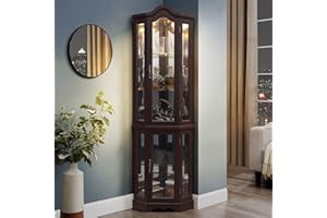 Makaseiya 70" Lighted Corner Curio Cabinet,Inside Mirror Corner Glass Display Case with Tempered Glass Door for Living Room, Antique Collectibles, Wine & Bar Glass Storage, Lights Included
