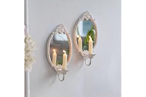 SOFE Rustic White Mirrored Wall Candle Sconces Set of Two, Metal Vintage Wall Candle Holder, Handmade Taper Candle Sconce, Candle Stick Wall Sconce for Living Room, Farm House Wall Home Decor