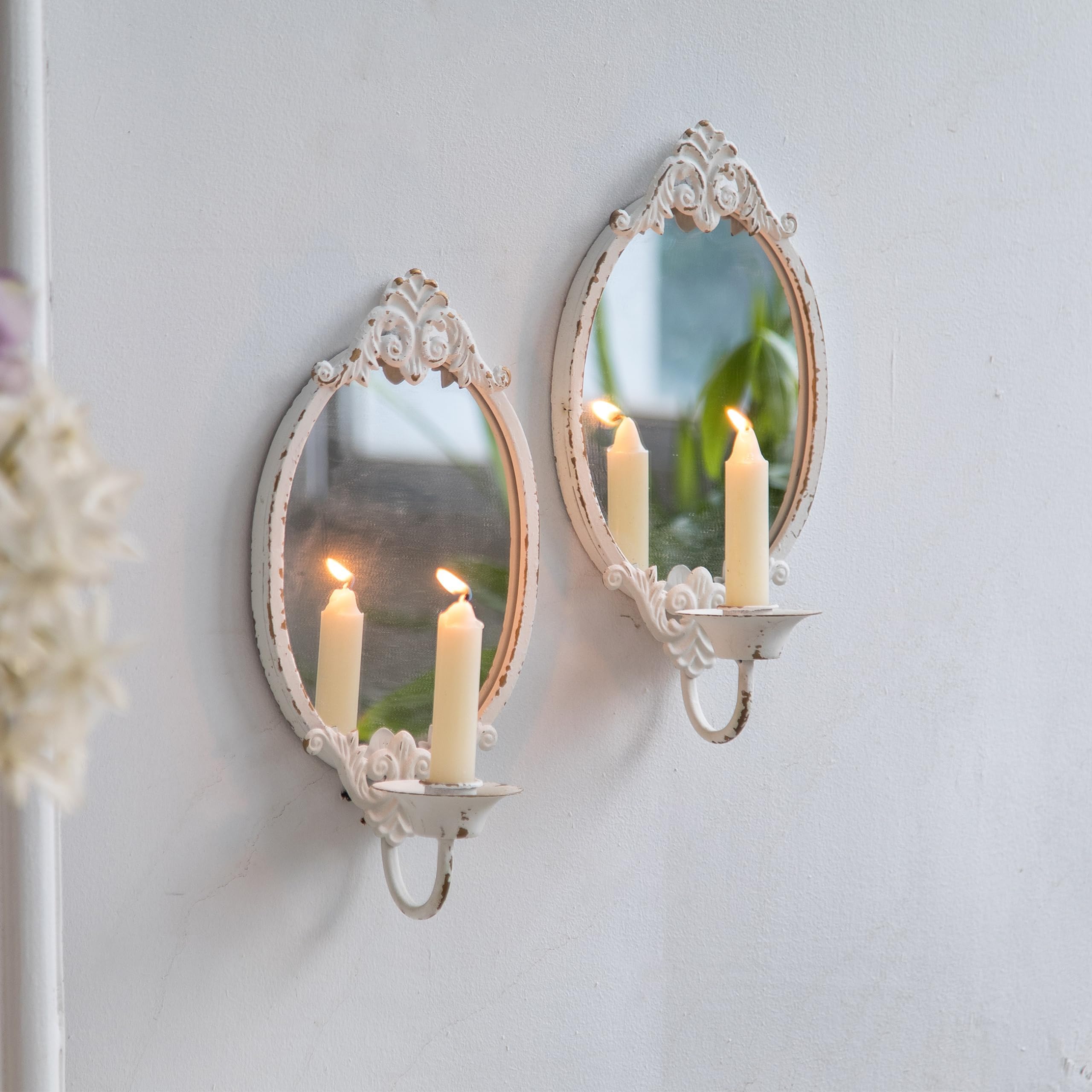 Photo 1 of SOFE Rustic White Mirrored Wall Candle Sconces Set of Two, Metal Vintage Wall Candle Holder, Handmade Taper Candle Sconce, Candle Stick Walls Sconce for Living Room, Farm House Home Decor