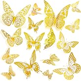 JOSDIOX 3D Butterfly Wall Decor Sticker -48 Pcs, 4 Styles, 3 Sizes Gold Butterflies Decoration for Party, Birthday &amp; Wedding Celebrations, Cake Decorating, Balloons, Removable Stickers.