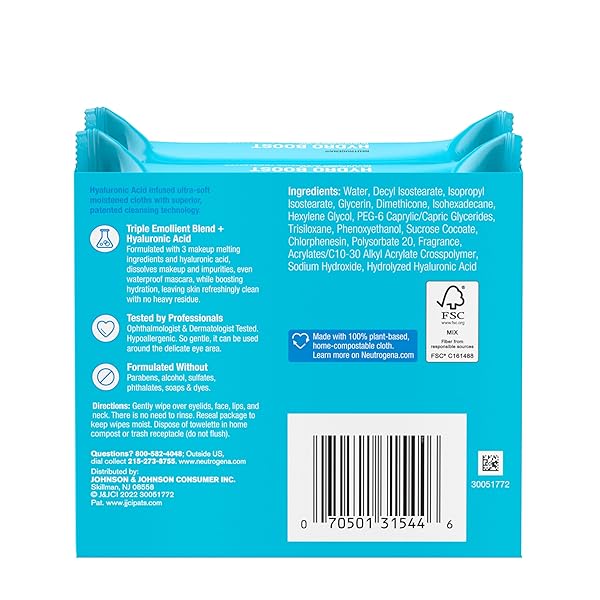 NEUTROGENA HYDRO BOOST ULTRA-SOFT MICELLAR CLEANSING WIPES WITH HYALURONIC ACID, HYDRATING MAKEUP REMOVER WIPES REMOVE DIRT & WATERPROOF MAKEUP, HYPOALLERGENIC, PLANT-BASED CLOTH, 2 X 25 CT