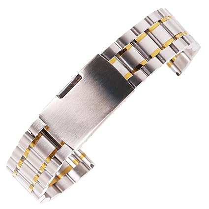 19mm Brushed Straight End Watch Wristband Solid Stainless Steel in Two Tone Silver and Gold Folded Buckle