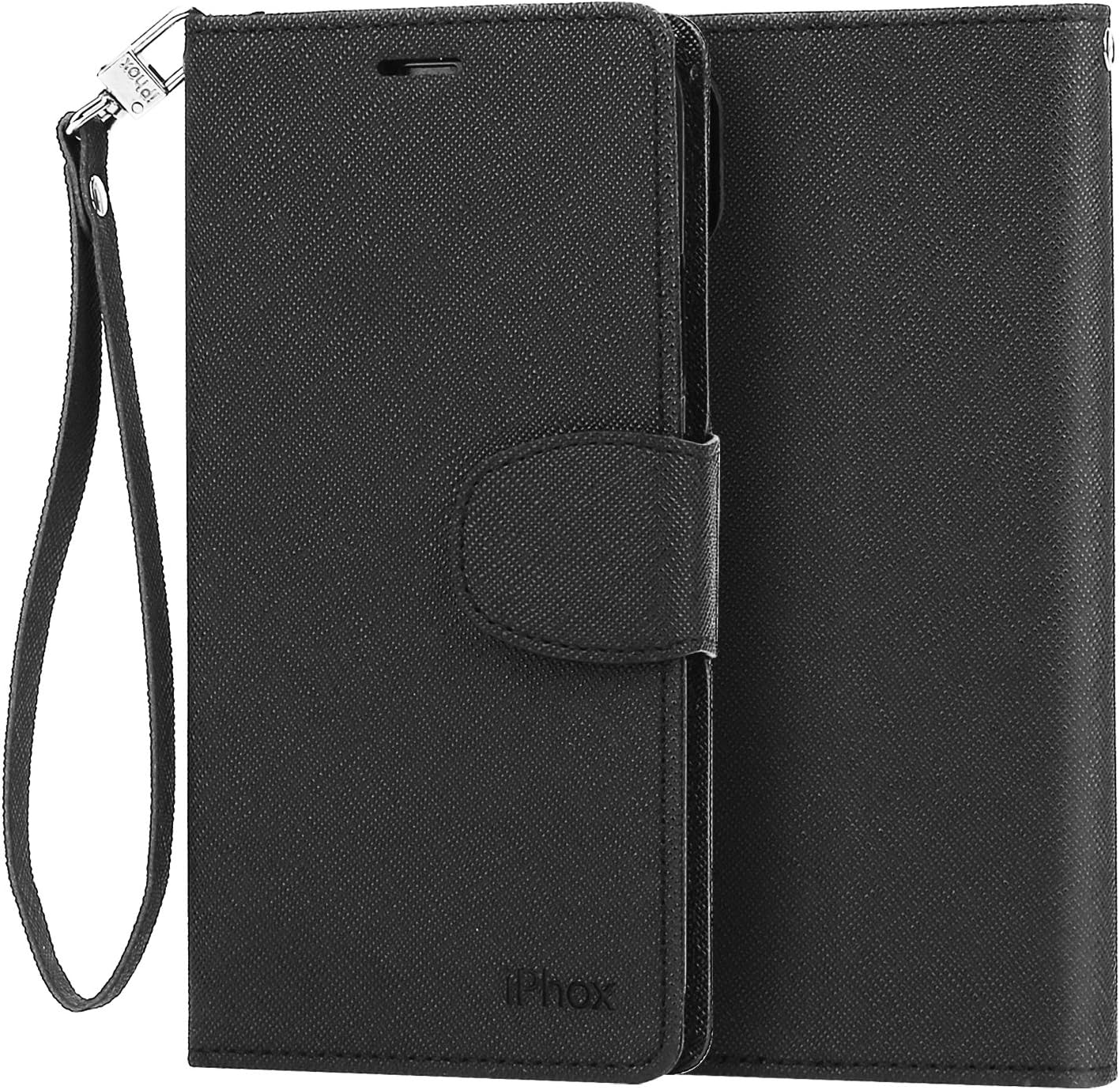 iPhone XS Leather Case, iPhone X Leather Case, IPHOX Folio Leather Wallet Case with [Kickstand][Hand Strap][Card Slots] [Magnetic Closure] Flip Notebook Cover Case for iPhone X / XS, Black 1/CP