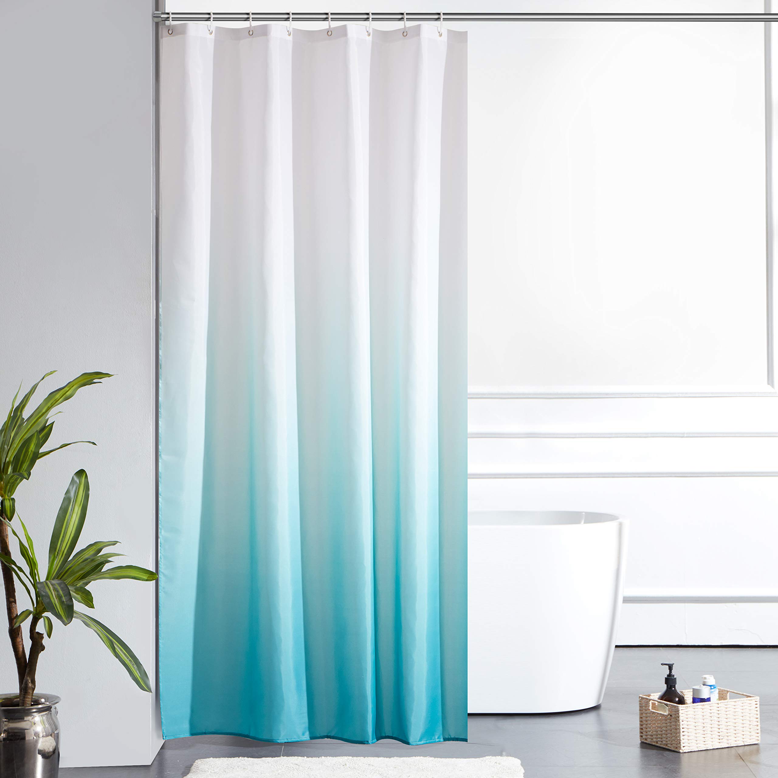 Furlinic Shower Curtains for Bathroom Mould Proof Polyester Fabric Wetroom Bath Curtain Waterproof Washable with 8 Hooks White to Turquoise Narrow 47x78 Inch(120x200cm).