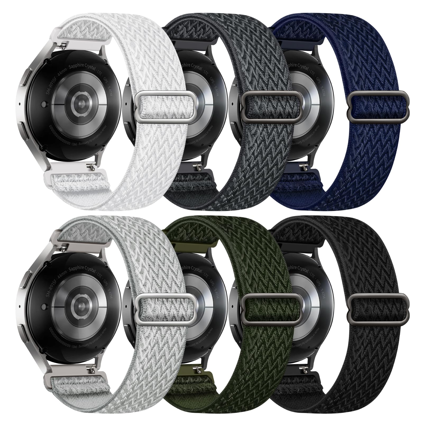 6 Pack Stretchy Bands Compatible with Samsung Galaxy Watch 7 6 5 4 40mm 44mm/Galaxy Watch 6 4 Classic 42mm 46mm 43mm 47mm/Galaxy 5 Pro 45mm/Active 2, 20mm Elastic Nylon Sport Strap for Men Women