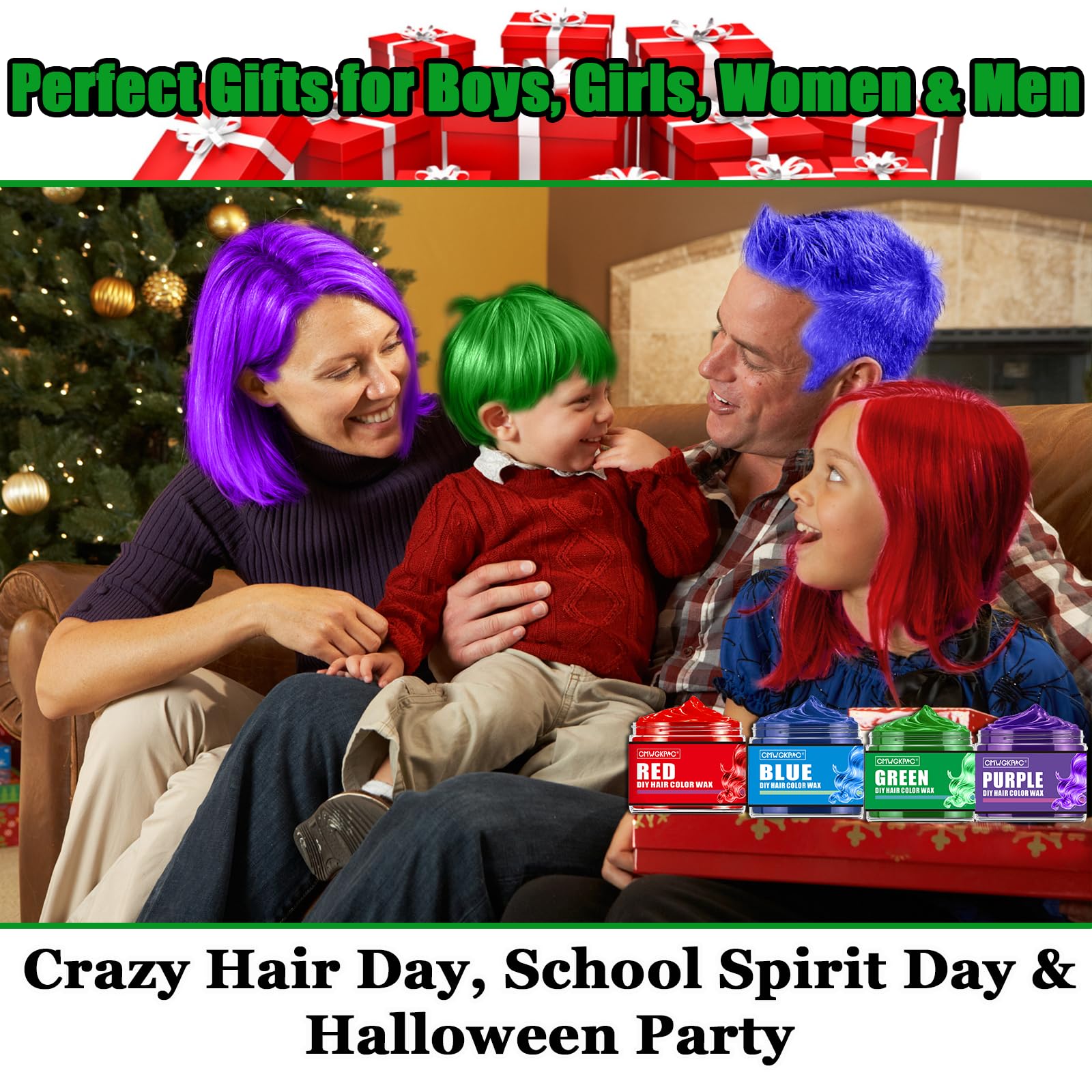 4 Colors Temporary Hair Color for Kids,Christmas Gifts for Teens Girls,Boys,Stocking Stuffers for Kids,Adults,Temporary Hair Dye,Hair Color Spray Green Red Blue Purple Hair Dye Hair Wax Color Instant