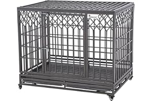 SMONTER 46" Heavy Duty Dog Crate Strong Metal Pet Kennel Playpen with Two Prevent Escape Lock, Large Dogs Cage with Wheels, Y Shape, Dark Silver …