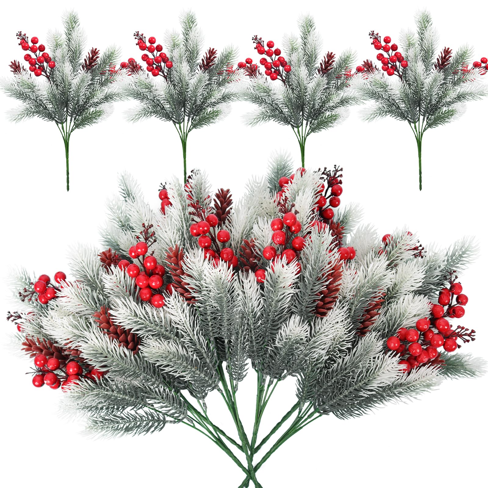 RECUTMS 8Pcs Artificial Pine Needles Branches Christmas Fake Greenery Pine Picks with Red Berries Faux Pines Leaves Plant Sprigs for Christmas Garland Wreath Home Garden Decoration (White)