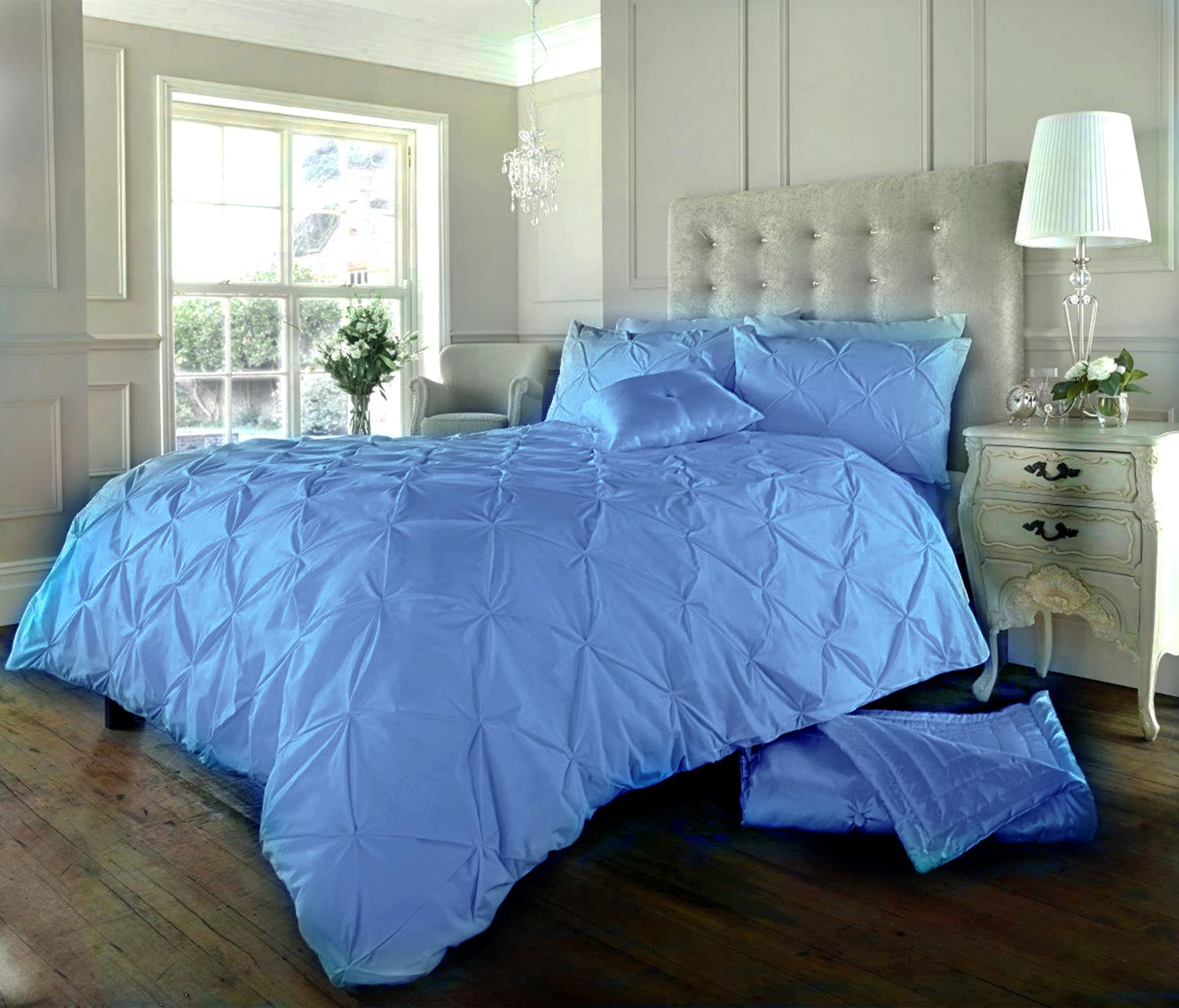 Velvet Stitch Alexander PinTuck Quilt Duvet Cover with Matching Pillow Case Reversible Comfortable Bedding Set (Aqua, Double)