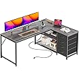 PRAISUN 53" L Shaped Desk with Power Outlets and USB-C Port, Reversible Computer Corner Office Desk with 4 Fabric Drawers and 2 Height-Adjustable Shelves, Large for Gaming Writing Work Study, Grey