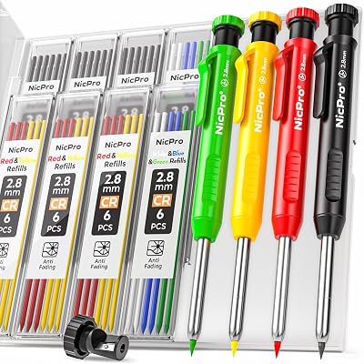 Nicpro 4 Pack Carpenter Pencils with Sharpener 52 Refills Case Marking Pencils