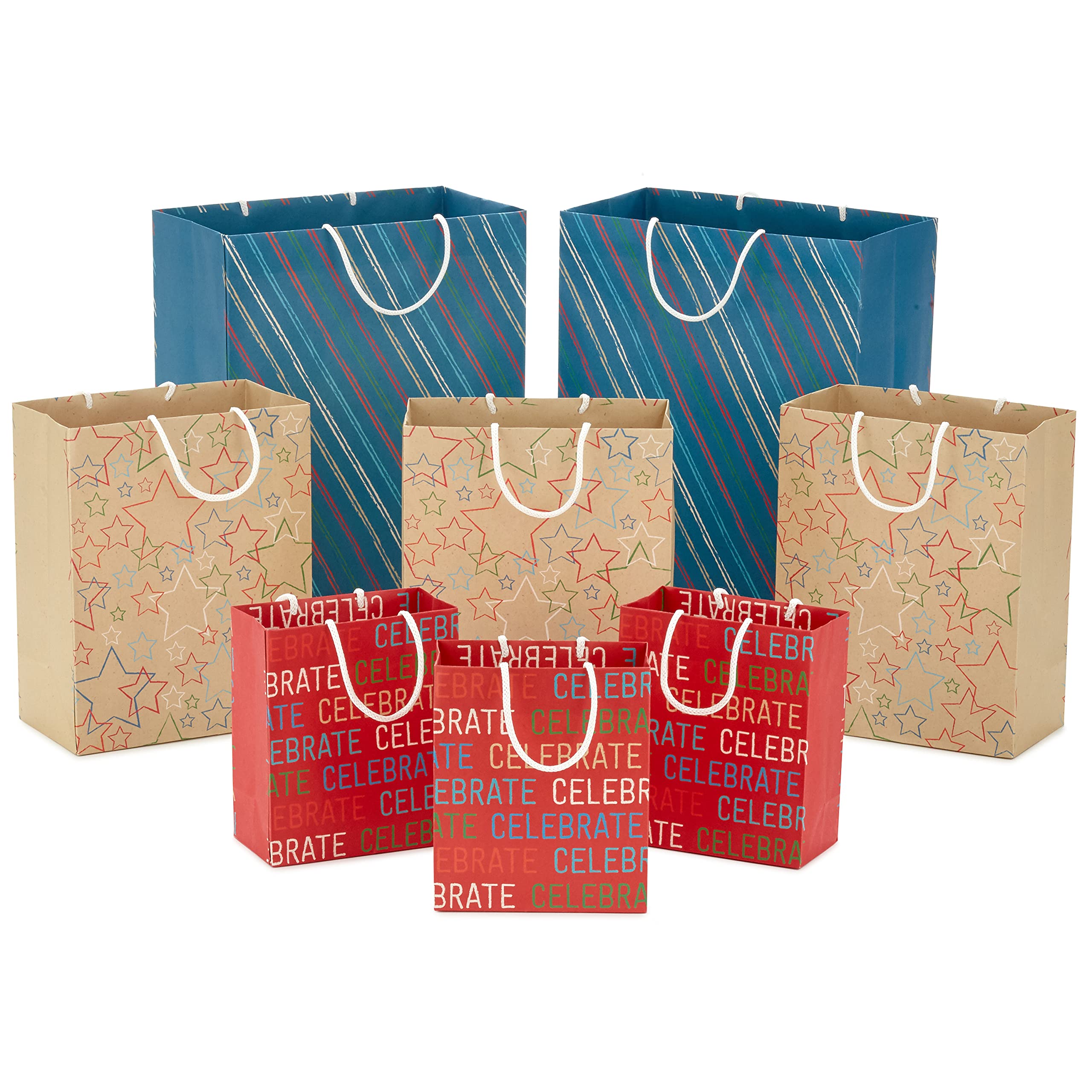 Hallmark Gift Bag Assortment (8 Bags: 3 Small 6", 3 Medium 9", 2 Large 13") Celebrate, Stars, Stripes, Red, Blue, Recyclable Kraft Brown for Birthdays, Graduations, Father's Day