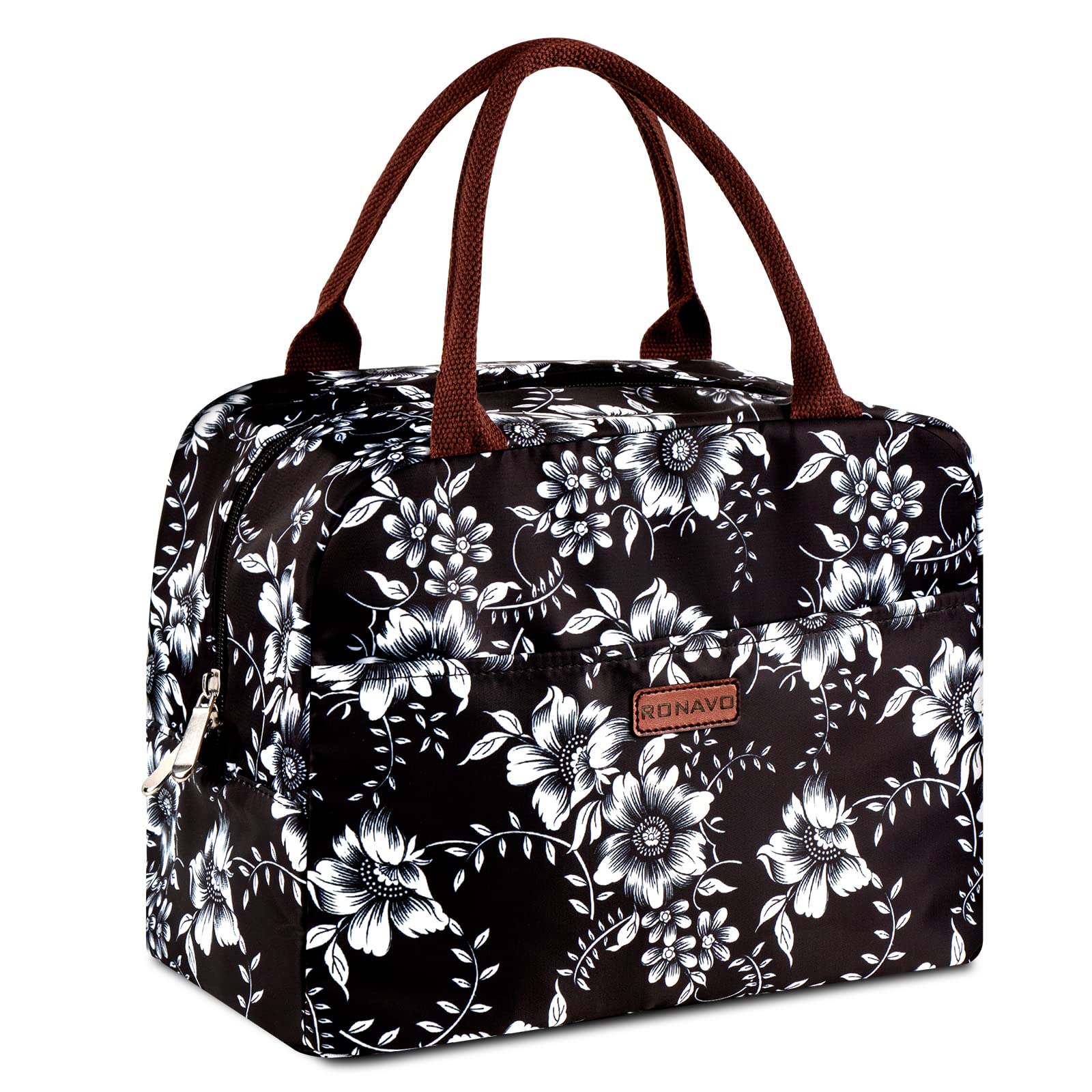 RONAVO Lunch Bags for Women Insulated Cooler - Lunch Bag Tote Bag Lunch Box with Large Capacity (Black White Flowers)