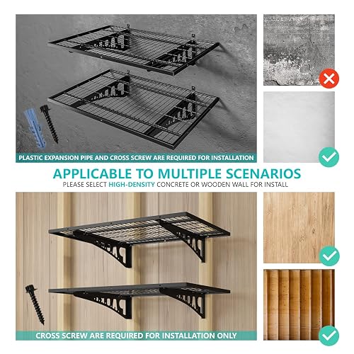 Wall Mounted Shelves 2 Pack Garage Storage Shelves - 2x3ft Wall Mounted Heavy Duty Floating Shelves With Hooks Garage Organization Racks