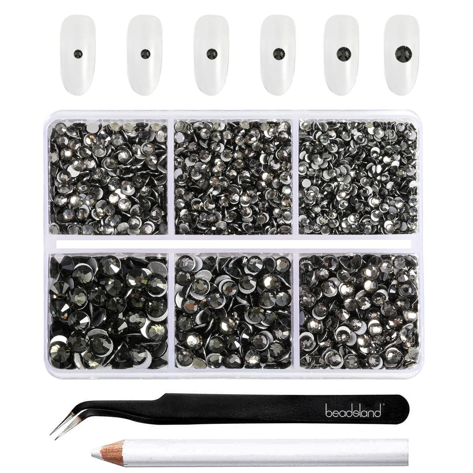 Beadsland 4300pcs Flatback Nail Rhinestones,Gray Round Crystal Rhinestones Gems for Crafts,Mixed 6 Sizes with Picking Tweezers and Wax Pencil Kit, SS6-SS20,Black Diamond