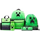 Minecraft Boys Backpack 5 Pc Gift Set with Creeper School Bookbag, Lunch Bag, Pencil Case, Water Bottle and Travel Daypack (Green)