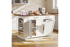 RALGEND Kitchen Island with Power Outlet & Drop Leaf, Rolling Storage Cart with Trash Storage Cabinet,Farmhouse Mobile Island Table for Kitchen, Dining Room, Hidden Casters, White and Walnut