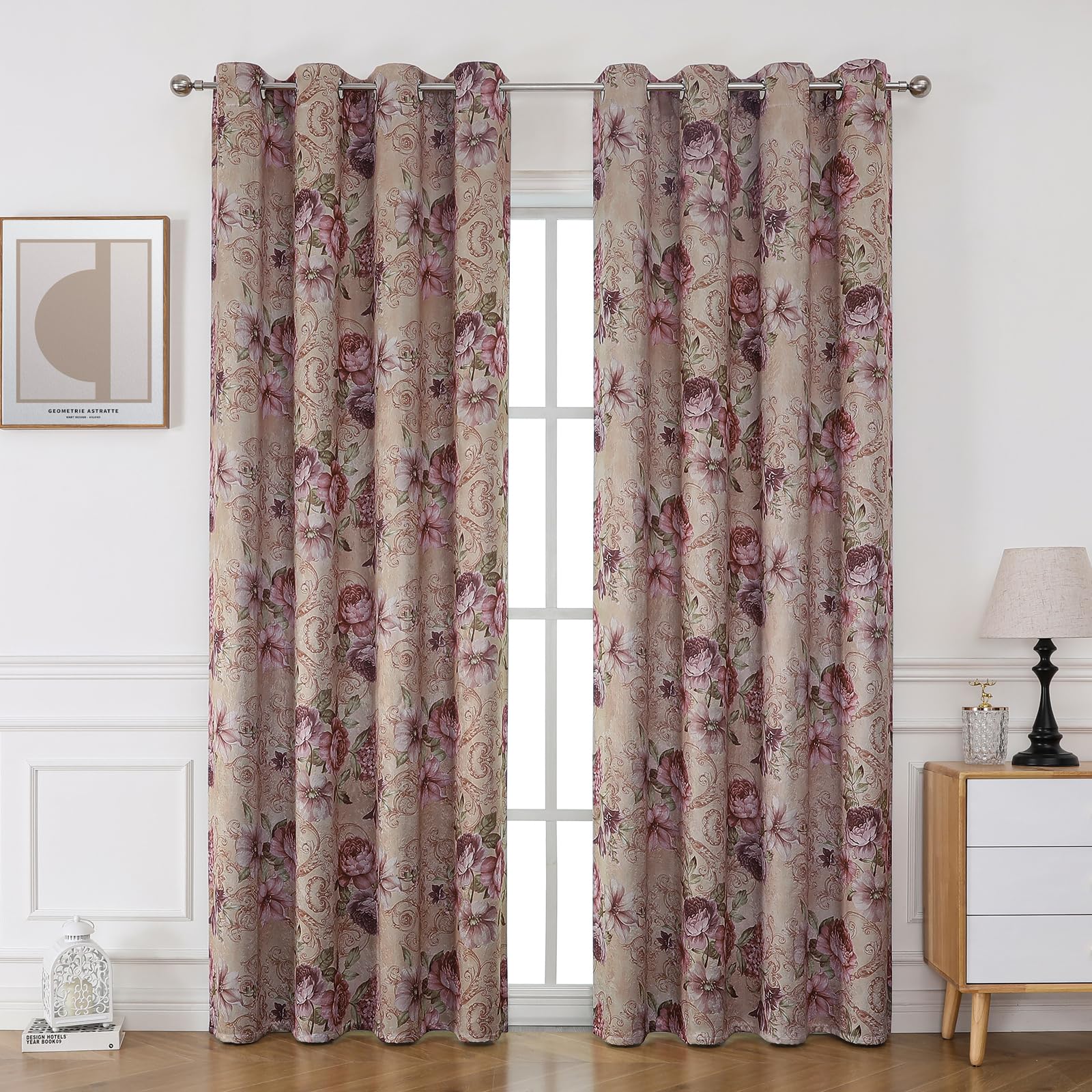BUHUA Set of 2 Opaque Curtains with Flowers, Vintage Curtain, Rural Curtains, Eyelet Curtain, Elegant Blackout Curtain for Bedroom, Living Room, H 245 x W 132 cm, Purple Pink