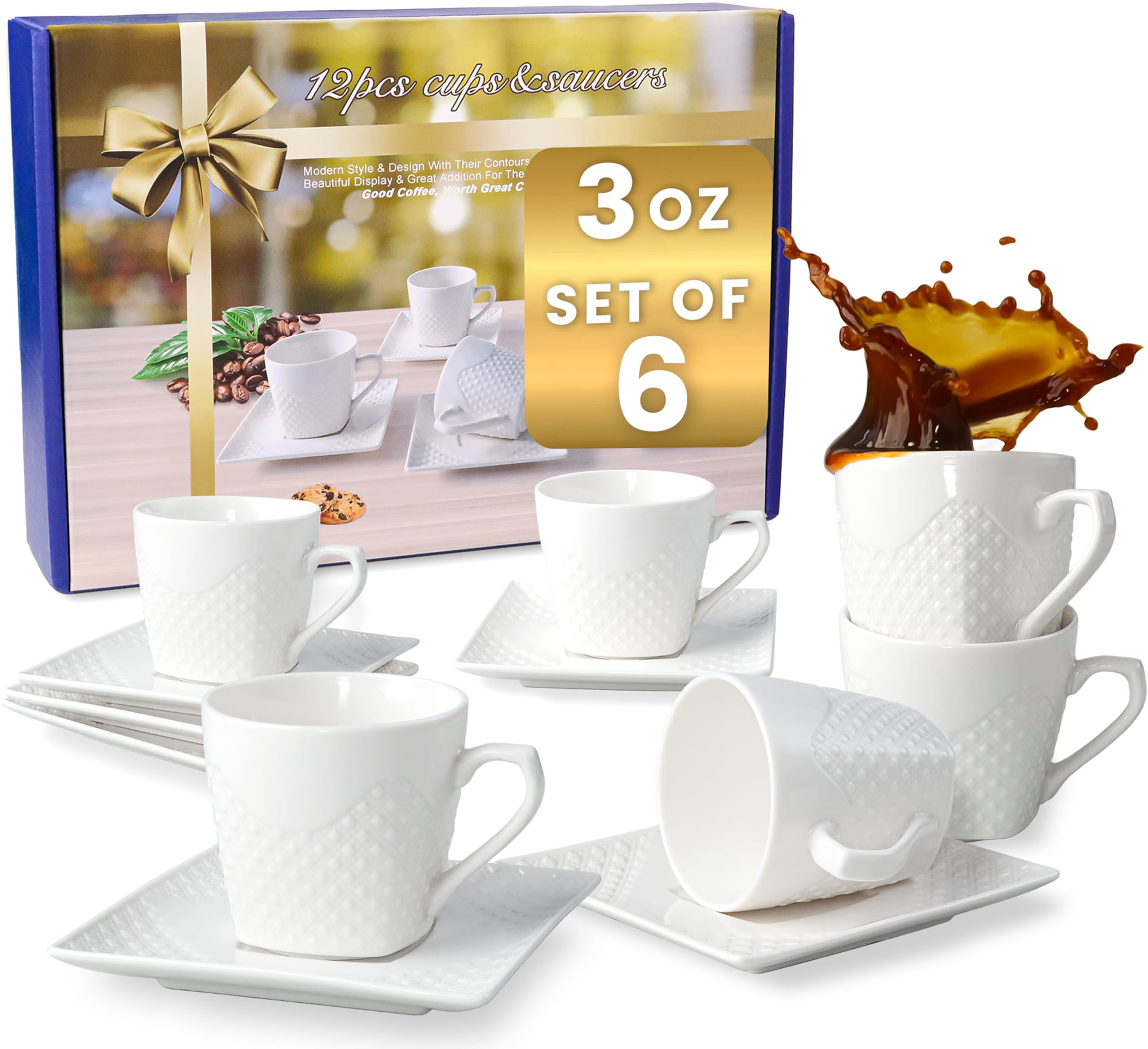Photo 1 of FUOCCI Espresso Cups With Saucer 3oz/90ml, Turkish Coffee Cup Set, White Espresso Cups Set of 6 Italian Style, Demitasse Espresso Cup Set, Modern Espresso Coffee Cups, Tasas de Cafe Expreso Modernas