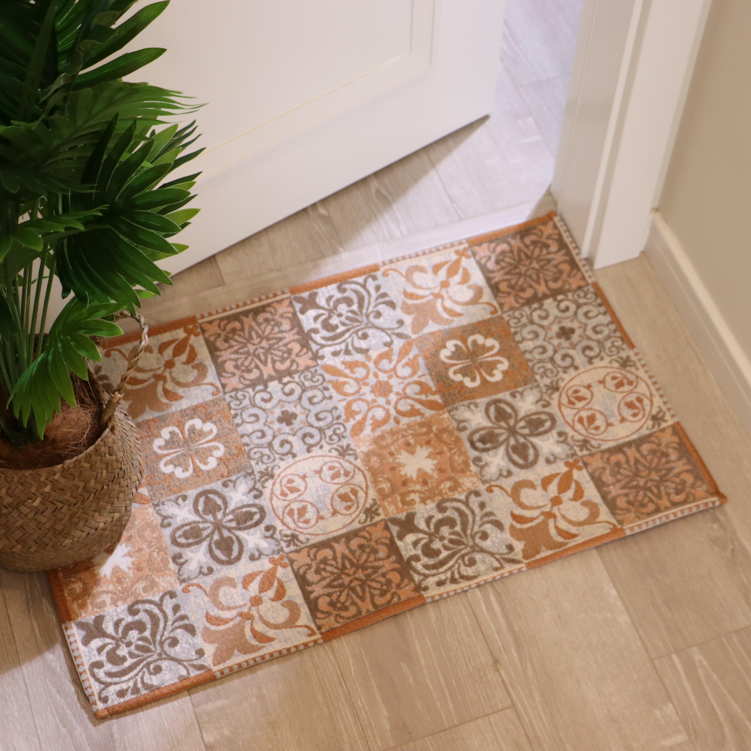 AMIDA Indoor Door Mat 60x90cm, Vintage Geometric Floral Doormats Non Slip Entrance Rug Dirt Trapper Machine Washable Flat Weave Low Pile Area Rug for Kitchen/Entryway/Laundry/Bedroom(Beige+Orange)