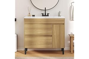 YITAHOME 36 Inch Bathroom Vanity with Ceramic Sink, Bathroom Cabinet Vanity for Media Space, Freestanding Storage Bathroom Vanity with 1 Soft Closing Cabinet & 2 Drawers, Natural Brown