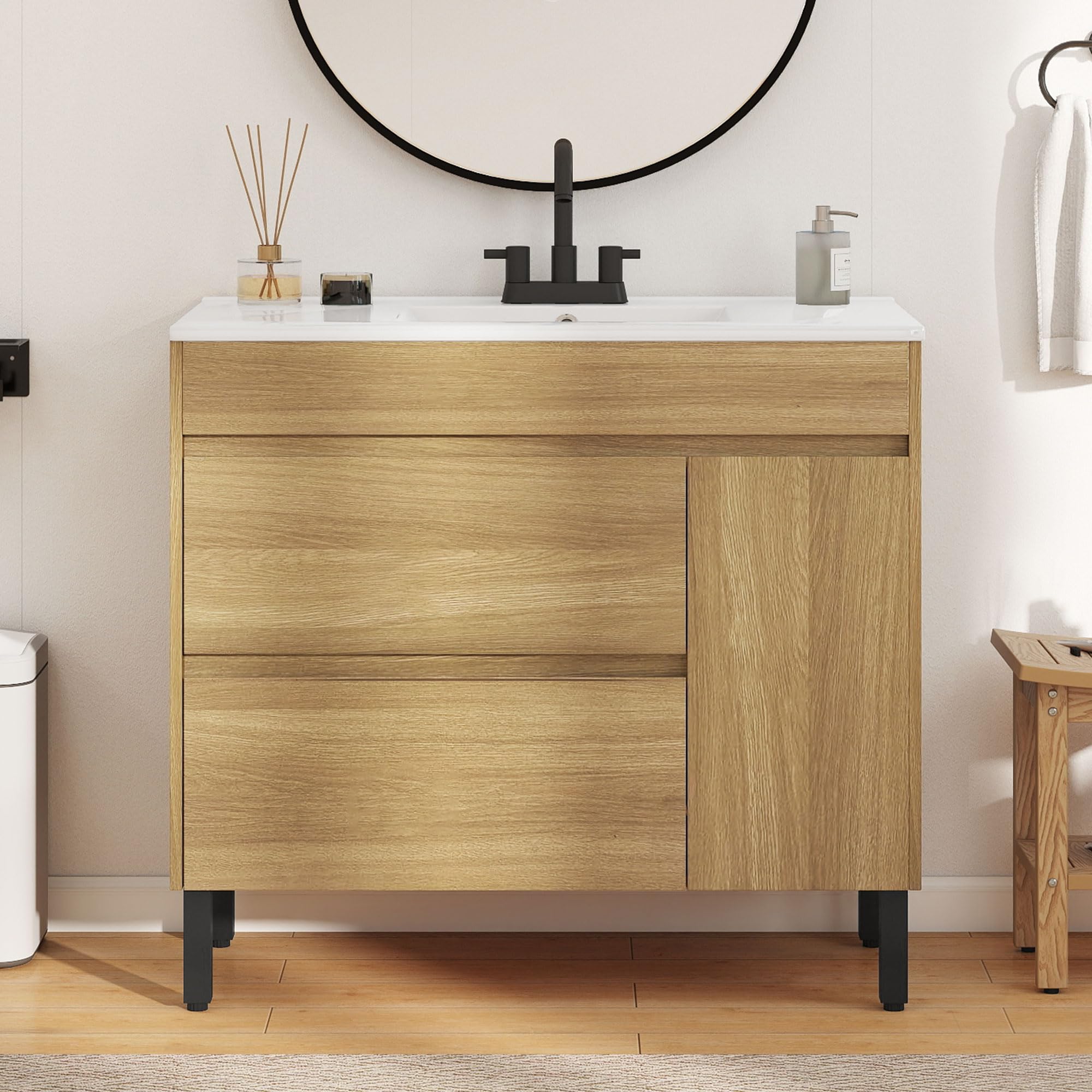 Photo 1 of **INCOMPLETE** SOLD FOR PARTS** YITAHOME 36 Inch Bathroom Vanity with Ceramic Sink, Bathroom Cabinet Vanity for Media Space, Freestanding Storage Bathroom Vanity with 1 Soft Closing Cabinet & 2 Drawers, Natural Brown