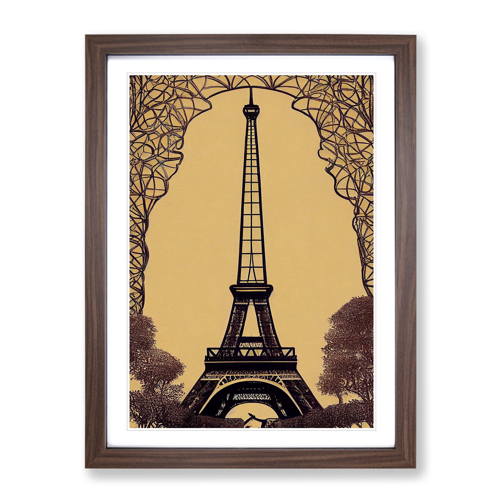 Art Nouveau Eiffel Tower Framed Print | A3 Walnut Framed Wall Art | Ready to Hang | Modern Cityscape Picture | Living Room Bedroom Lounge Office