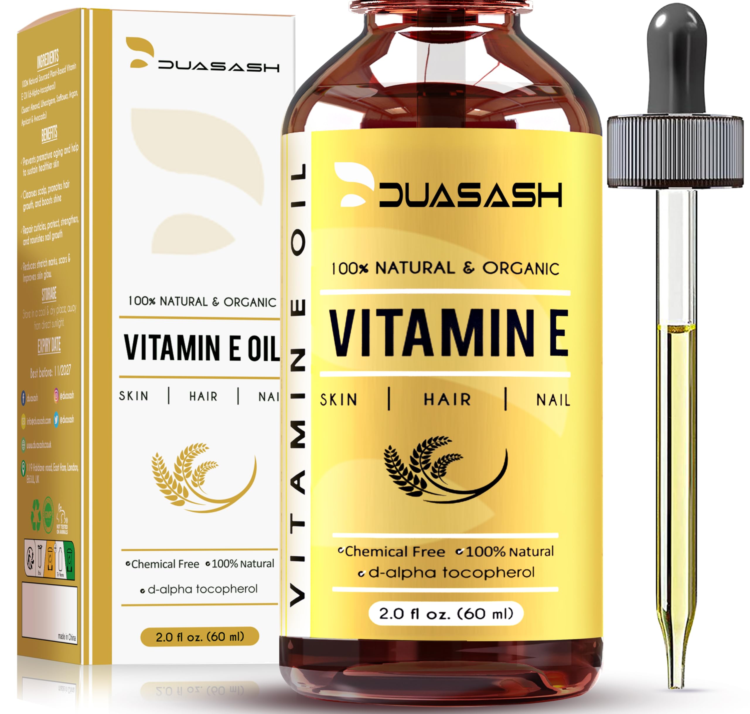 Duasash Vitamin E Oil for Skin & Face 100% Naturally Sourced Plant-Based Organic Pure Vitamin E Oil for Hair d-Alpha-tocopherol Body Oil for Women & Men, Strengthens & Moisturizes Hair, Nails 60ml