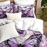 CCoutueChen Purple Butterfly Comforter Set Full Size Chic Flower Butterfly Bedding Sets for Kids Botanical Plants Comforter Boho Animal Bed Set Soft Microfiber Comforter for Girls Boys Bedroom Decor