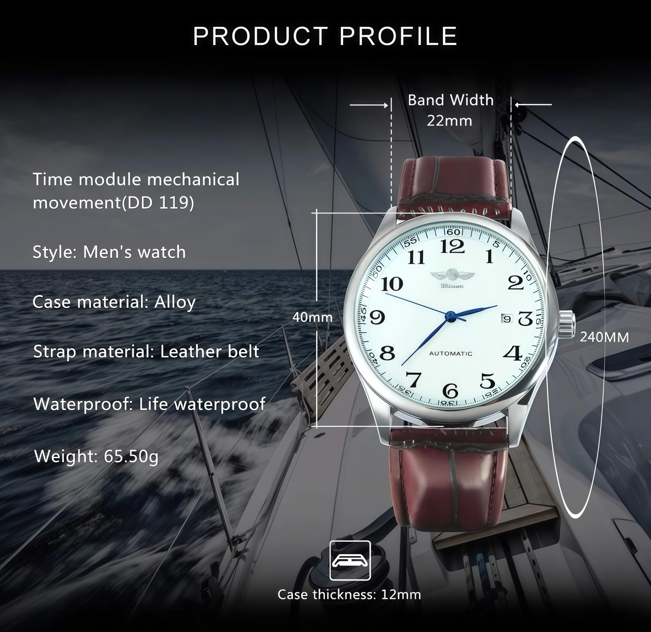 MASTOP MASTOPMen's Automatic Mechanical Watch Business Casual Top Brand Leather Wristwatches Waterproof Sport Chronograph