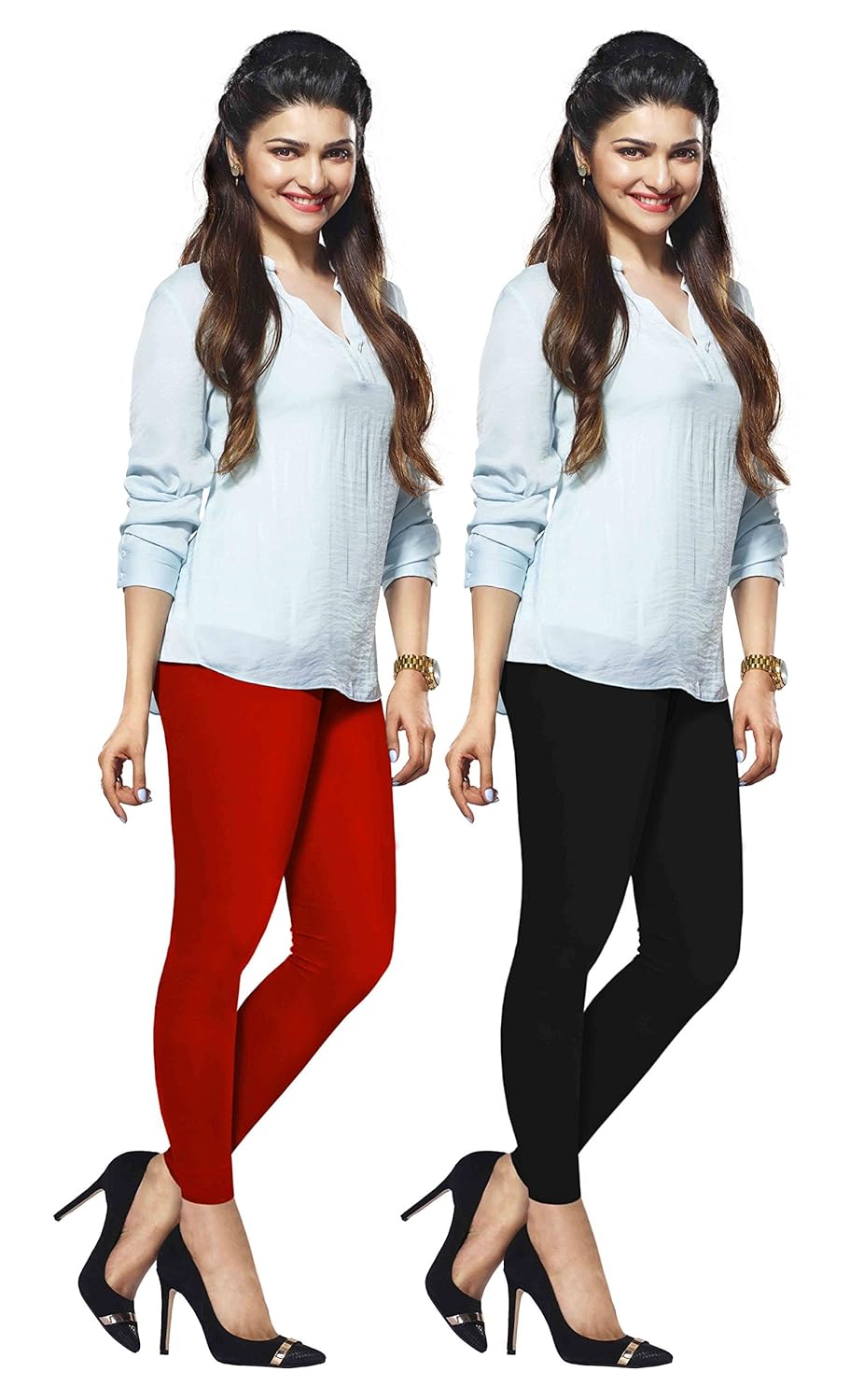 lux lyra women's cotton ankle length leggings (red and black, free size) - pack of 2