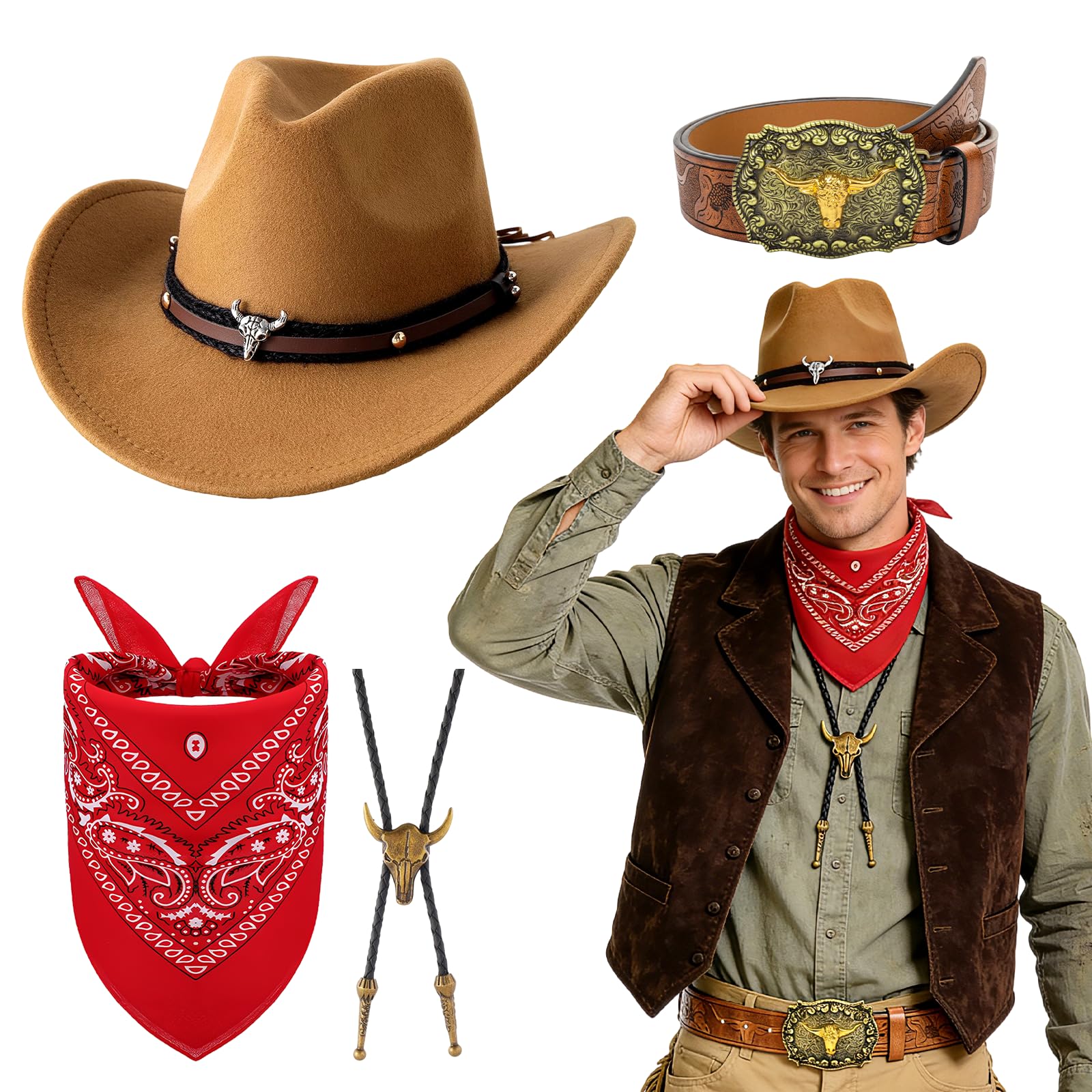 UxClishe 4Pcs Western Cowboy Accessories Set for Adults, Fancy Dress Kit with Cowboy Hat Bandana Necklace Belt Vintage Wild West Costume Outfit Kit for Hippie Halloween Theme Parties