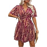 Floerns Women's Plus Size Printed V Neck Short Sleeve Ruffle Hem Summer Short Dresses