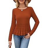 Gleeneat Womens Long Sleeve Cropped Crochet Sweaters Peplum Sweater Cute Crewneck Knit Pullover Tops Fall Outfits