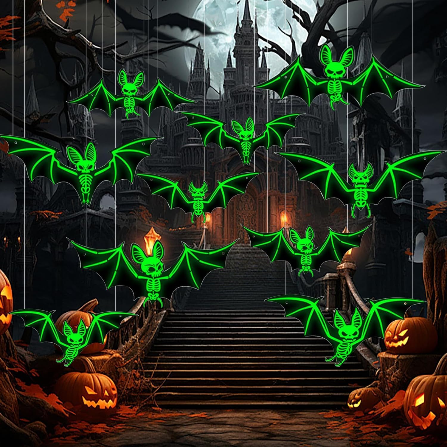 Photo 1 of 10PCS Luminous Halloween Bat Decor, Glow in The Dark Hanging Wall Stickers, Waterproof PVC Indoor Outdoor Spooky Yard Tree Decorations