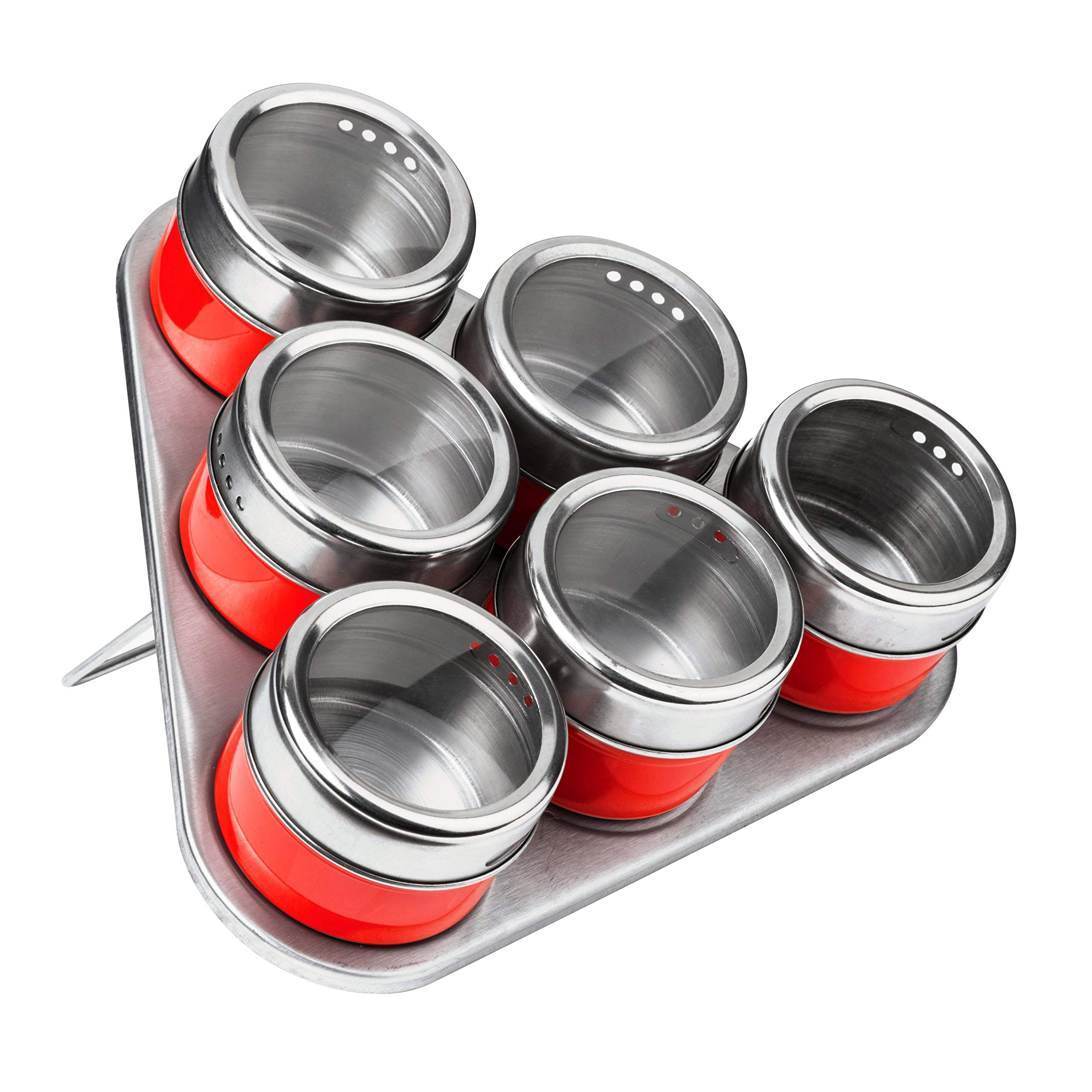 Premier Housewares 509884 Red Magnetic Spice Jars Adjustable Herbs and Spices Set of 6 Steel Seasoning Jars Spice Tin Magnetic Spice Rack Kitchen Spice Rack, H5 x W22 x D22cm
