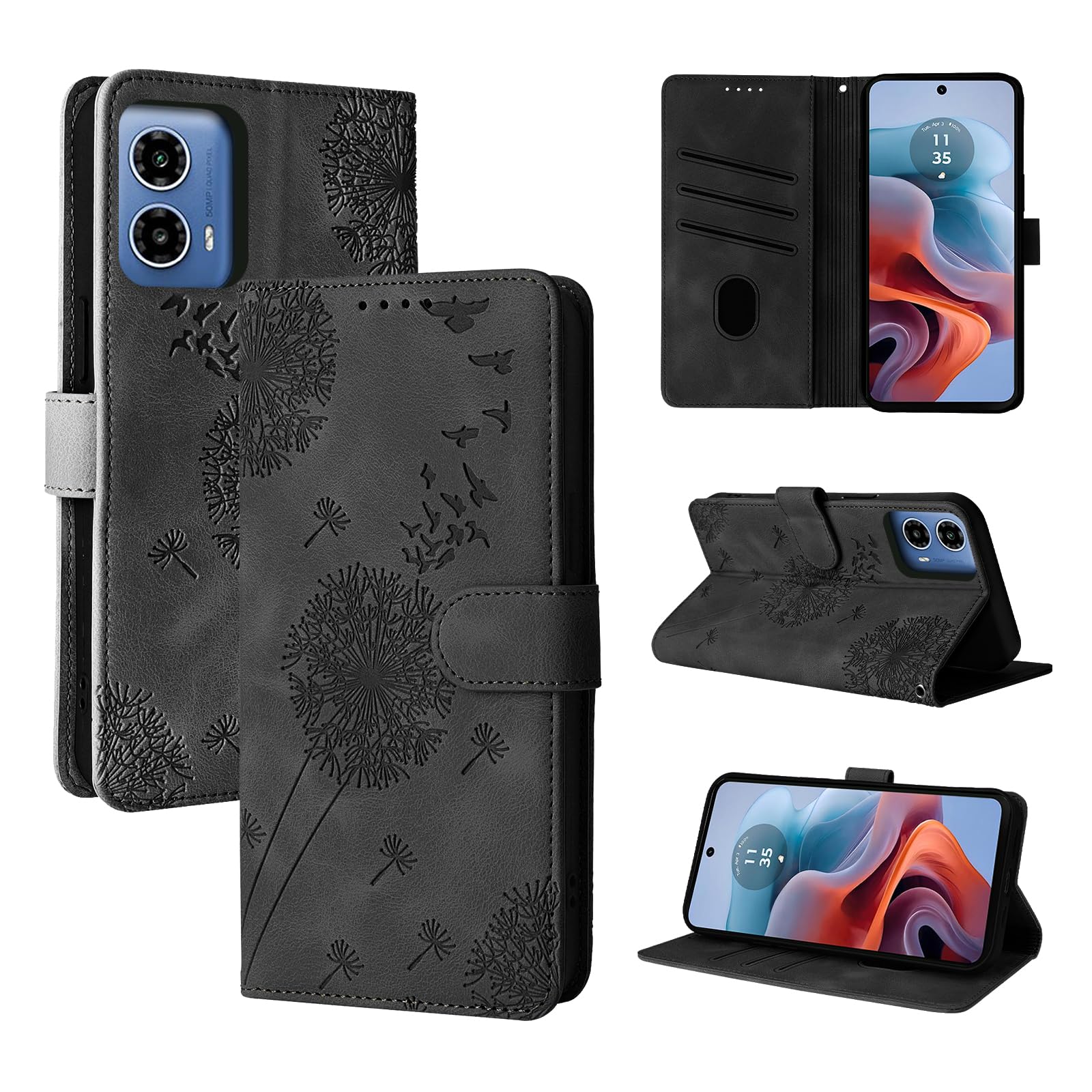 Rostsant Case for Motorola Moto G34 5G Dandelion Cover Premium PU Leather Flip Phone Case Wallet Card Slots Protective Cover for Motorola Moto G34 5G Black