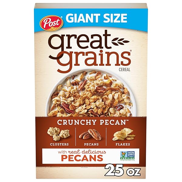 GREAT GRAINS CRUNCHY PECANS WHOLE GRAIN BREAKFAST CEREAL, WHOLE GRAIN, CRISPY FLAKES AND GRANOLA CLUSTERS NON-GMO VERIFIED, 25 OZ BOX