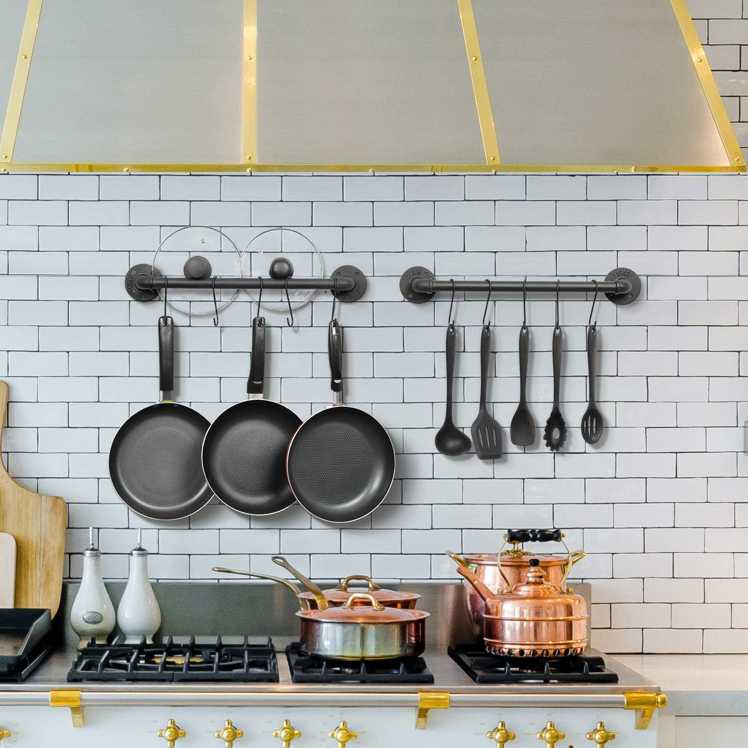 OROPY Wall Mounted Pot Pan Rack 21'' Set of 2, Industrial Utensils Wall Holder Iron Pipe Kitchen Hanging Rail with 10 S Hooks Black: Home Improvement