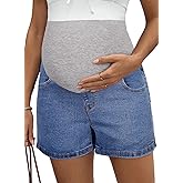 BLENCOT Women's Maternity Denim Shorts Over Belly Pregnancy Lounge Workout Jeans Short with Pockets