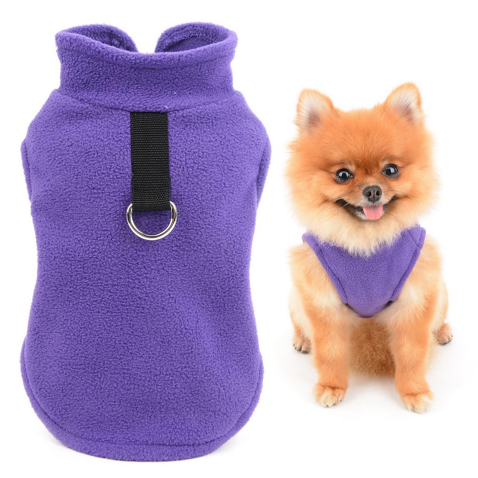 SMALLLEE_LUCKY_STORE Solid Color Puppy Fleece Vest Jumper Pullover Sweater with Leash Ring for Small Dog Cat Yorkie Chihuahua Kitten Warm Fall Winter Clothes,Purple,M