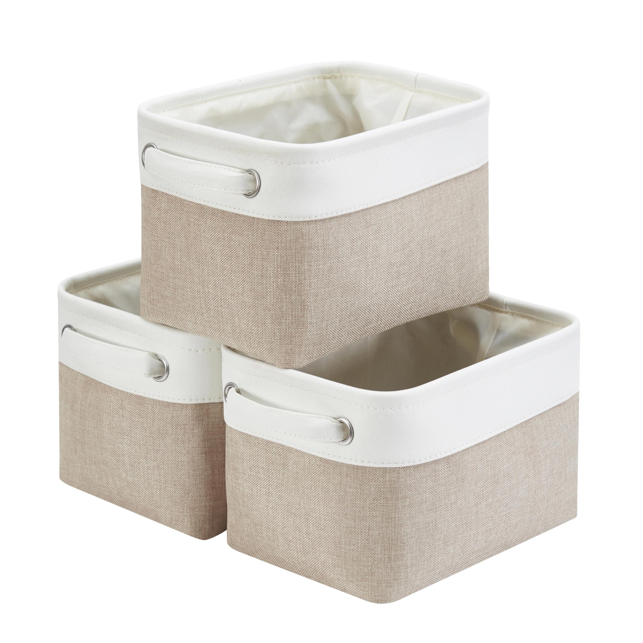 Mangata Small Canvas Storage Box, Fabric Storage Basket with Handles for Cupboards, Shelves, Clothes, Toys (3 Pack, Foldable, Light Khaki White)