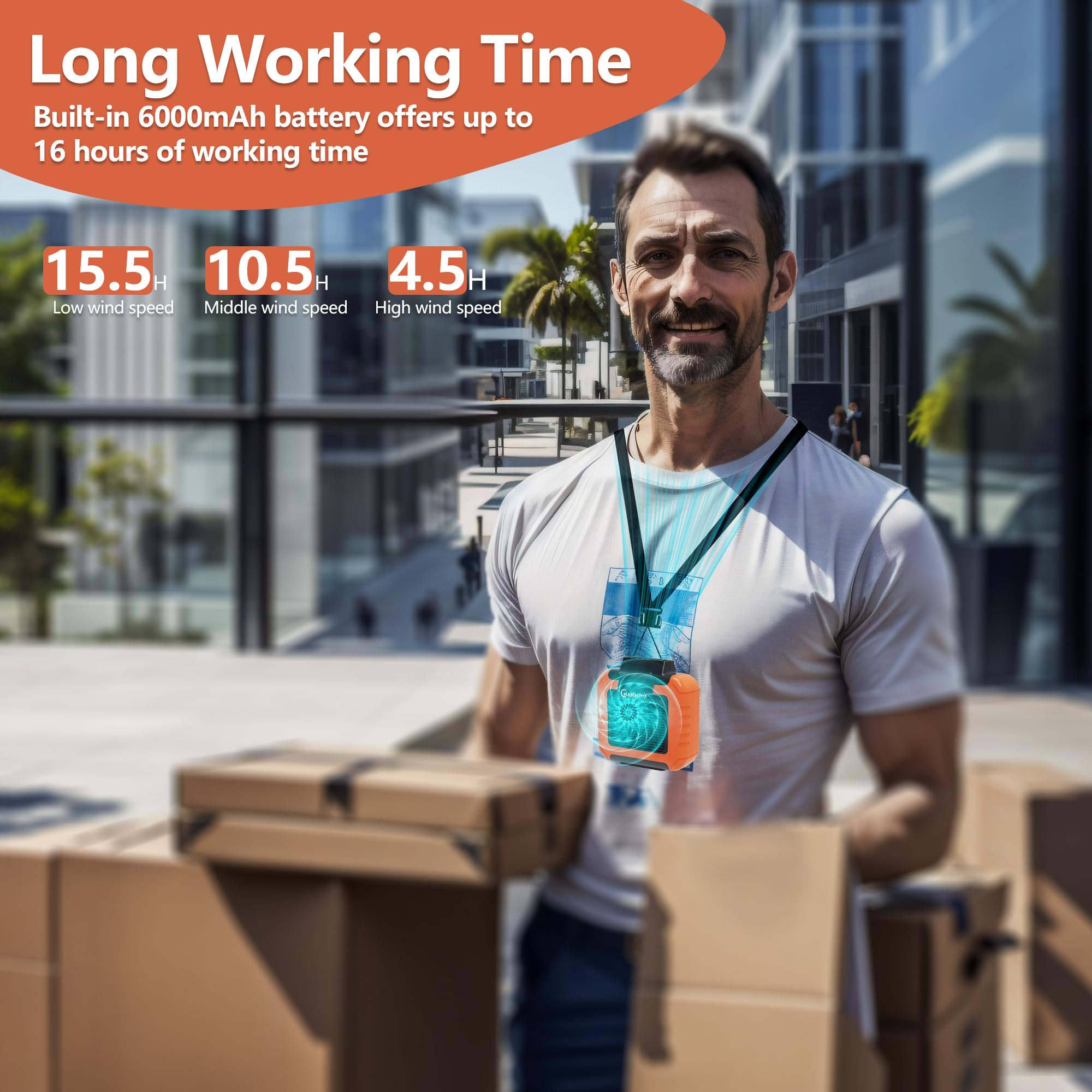 CHARMPㅤ Portable Waist Fan - 6000mAh Battery, 3 Speeds, Strong Airflow, Up to 16 Hours Working Time, Portable Hands-Free Cooling Belt Clip Fan for Construction Workers, Couriers, and Campers