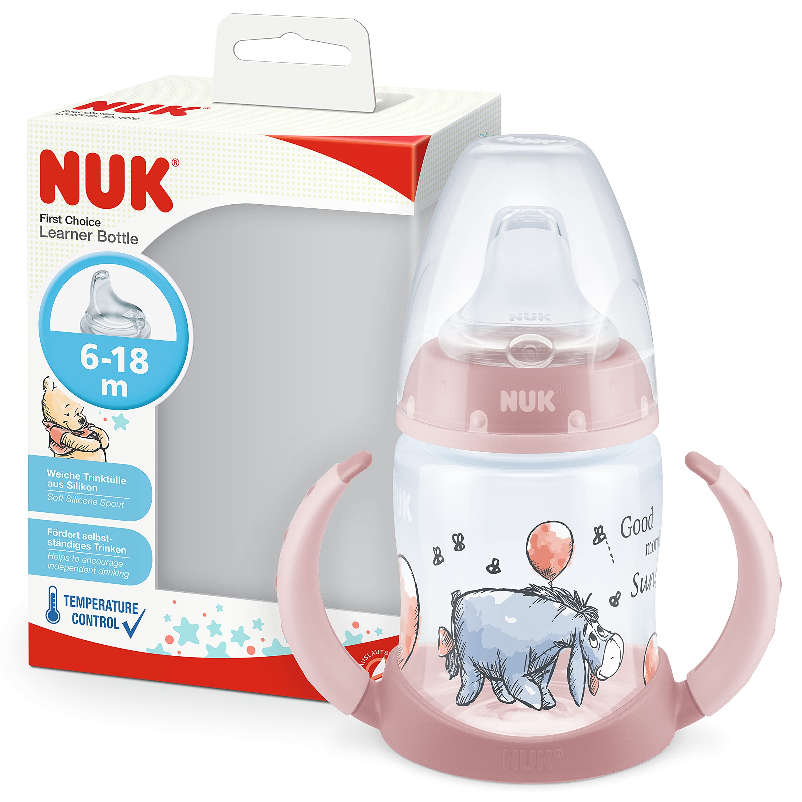 NUK First Choice Learner Cup Sippy Cup | 6-18 Months | Temperature Control | Leak-Proof Silicone Spout | Anti-Colic Vent | BPA-Free | 150ml | Disney Winnie the Pooh (Pink)