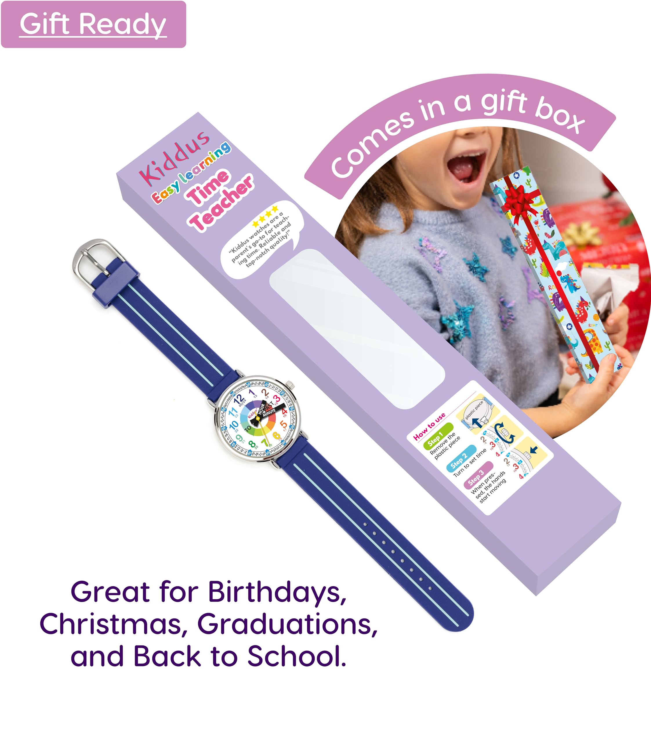Kiddus Watches Boy and Girl Kids Ages 6-12 Analog Time Teacher with Exercises. Japanese Quartz Movement. Easy to Read and Learn Time. Girls Watches Ages 5-10