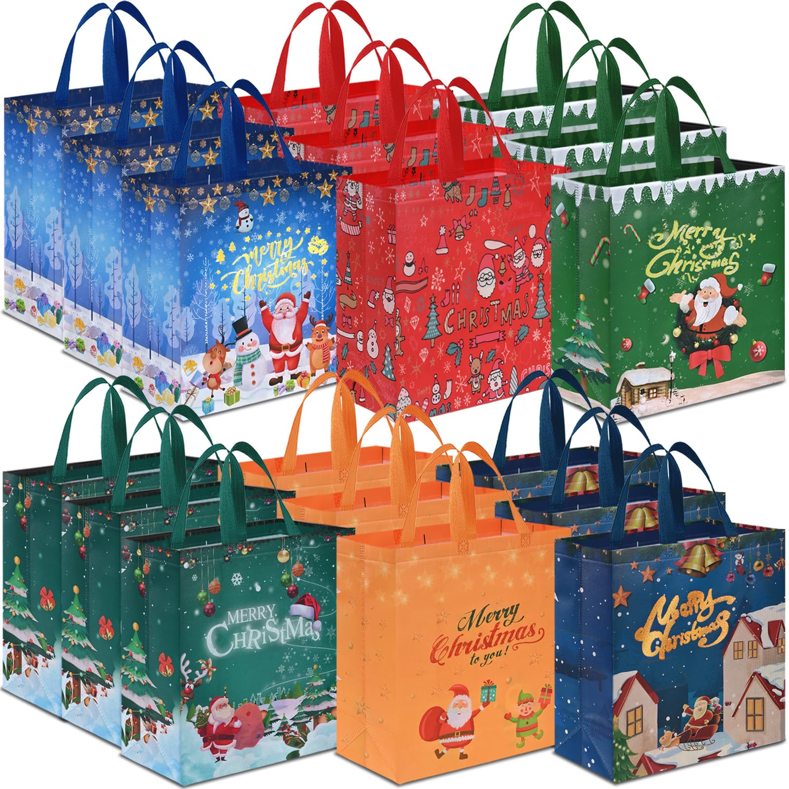 AhfuLife Extra Large Christmas Bags for Gift, 38 x 35 x 15cm, 18pcs Xmas Gift Tote Bags with Handles, Reusable Multipack Non-woven Christmas Treat Shopping Bag, Xmas Party Favor Bag Decorations