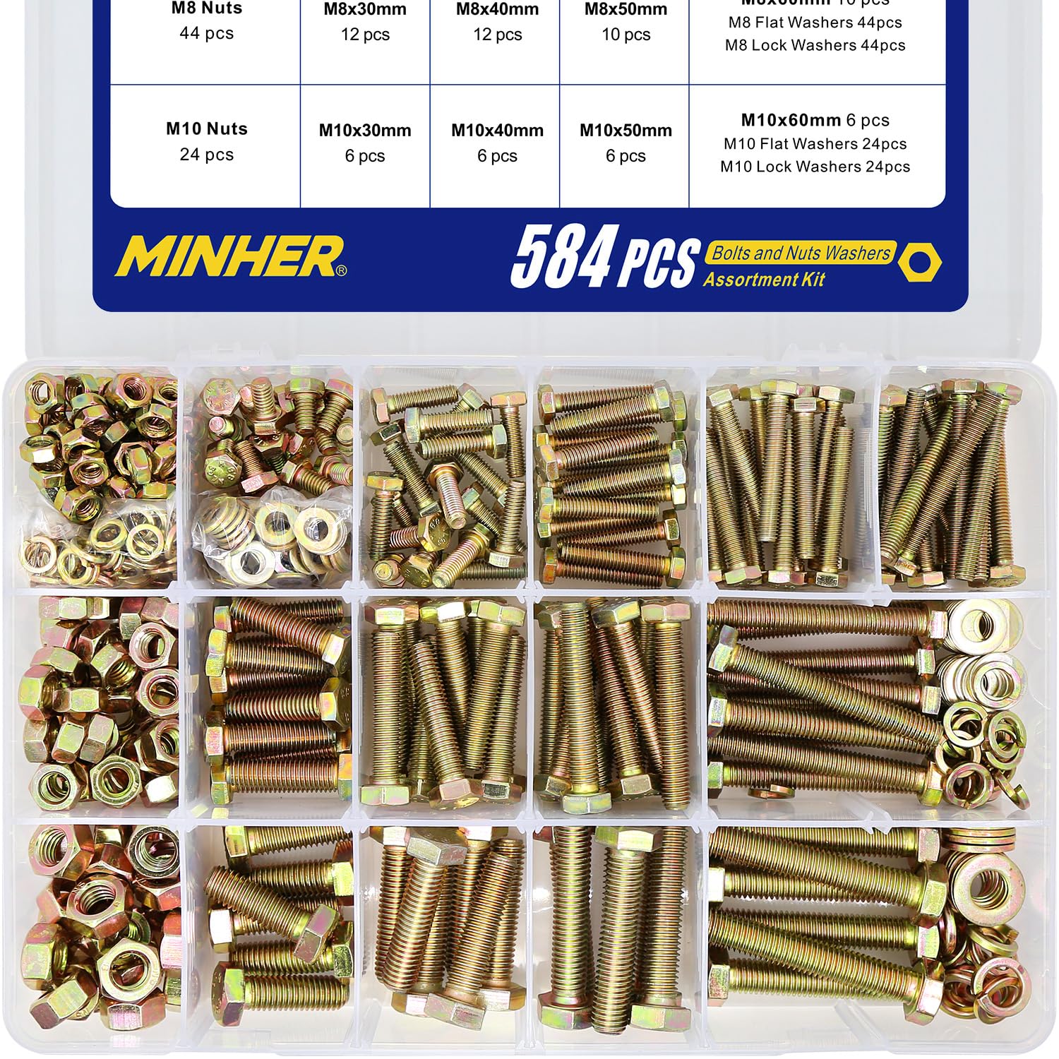 MINHER 584PCS M6 M8 M10 Heavy Duty Bolts and Nuts Assortment Kit Grade 8.8 Alloy Steel Hex Screws Nuts & Washers,kitIncludes 13 regular sizes(Large box)